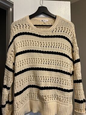 Reitmans Cream and Black Striped Open-Knit Crewneck Sweater